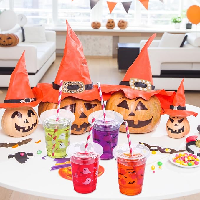 Yaomiao 300 Pcs 12 oz Halloween Plastic Cups with Lids and Straw Halloween Plastic Cup Disposable Clear Tumbler Whiskey Tumbler Pink Pumpkin Ghost Bat Witch Drinking Set for Party Supply