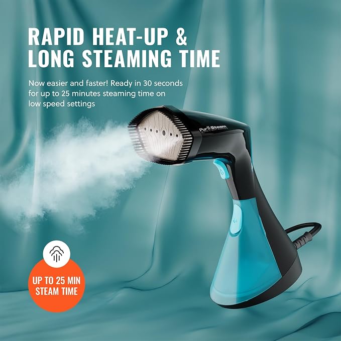 PurSteam Handheld Garment Steamer – 30-Sec Heat-Up, 3 Steam Settings | 1650W | 25-Min Continuous Steam | 8.45 oz Removable Tank | Ceramic Soleplate | Auto Shut-Off | Portable for Home & Travel
