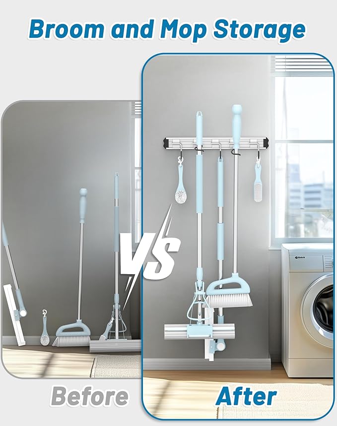 Mop and Broom Holder Wall Mount Garden Tool Rack Organizer, Modern Style,Movable Aluminum Alloy Wall Mounted Hook 3 Pack,Storage Gift for Bathroom,Closet,Laundry Room,Garage,Tool Room(Black)