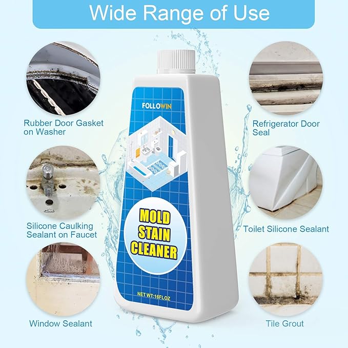 FOLLOWIN Mold and Mildew Stains Cleaner Gel 16oz for Washing Machine Front Loader Seal, Household Mold Stain Cleaner for Shower,Sink,Mold Stain Remover Gel for Bathroom Grout,Bathtub 8oz+16oz