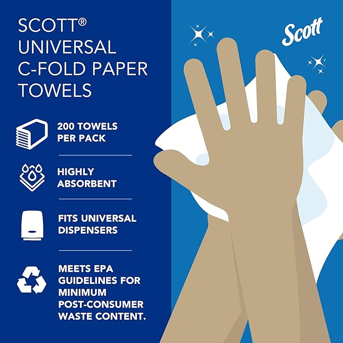Scott Professional Essential C-Fold Folded Paper Towels, Bulk (01510), Fast-Drying Absorbency Pockets, 13.15"x10.125" Towel, White (200 Sheets/Pack, 12 Packs/Case, 2,400 Sheet Total)