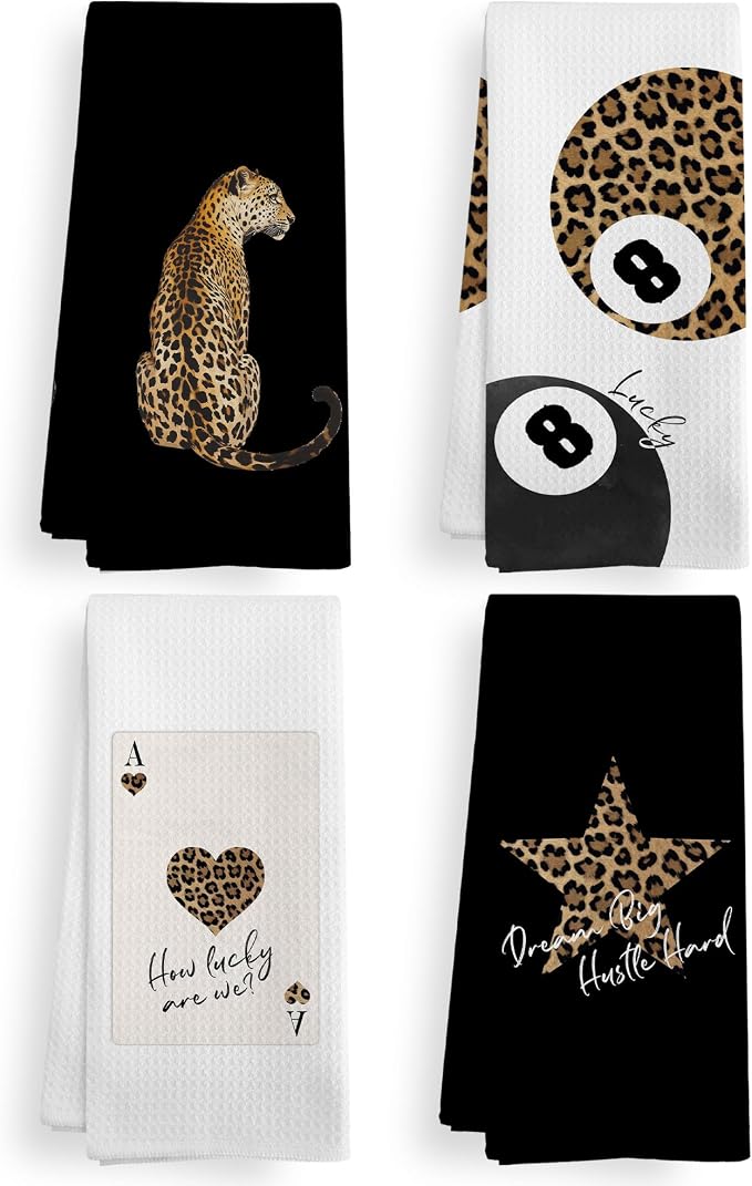 Trendy Leopard Cheetah Print Poker Lucky 8 Ball Bathroom Decor, Preppy Funky Black Decor Dish Hand Towels for Bathroom Kitchen Sets of 2, Cheetah Kitchen Towels and Dishcloths, 16x24 Inch