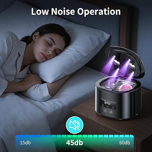 Ultrasonic Retainer Cleaner Machine, 50kHz Dental Cleaning Pod with 4 LED for Night Guards, Braces, Aligners, Toothbrushes, Mouth Guards, Jewelry, 340ml Rechargeable Ultrasonic Denture Cleaner