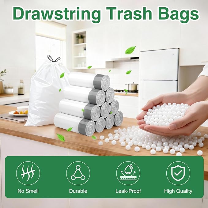 100 Counts 2.6 Gallon Trash Bag Drawstring Small Trash Bags, Thick Pre-separated Garbage Bags, Trash Bin Liners, Suitable for bathroom, kitchen, bedroom, office (White)