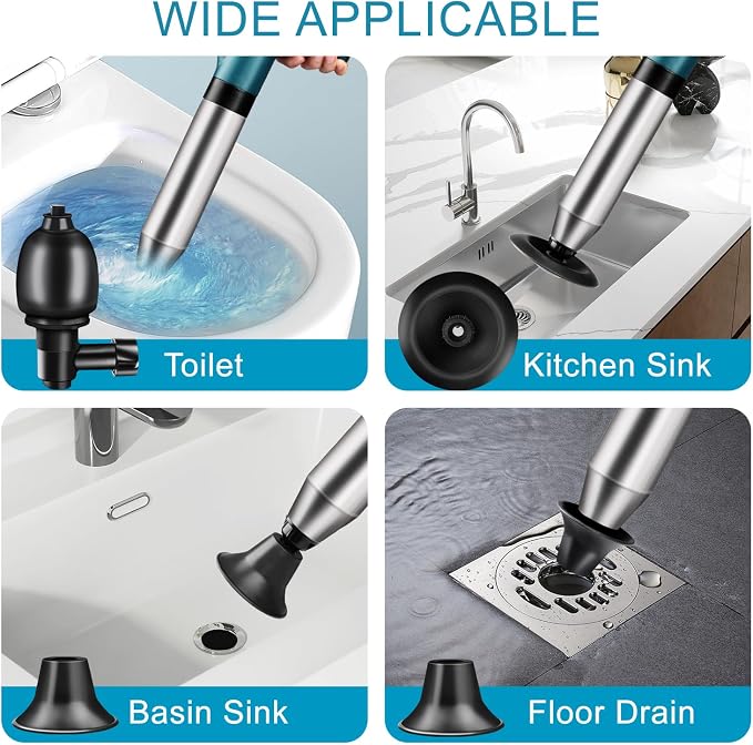 Toilet Plunger Drain Clog Remover: High Pressure Air Drainage Blaster Gun Clog Remover Tool- Stainless Steel Air Plunger for Bathroom, Sink, Floor, Kitchen Clogged