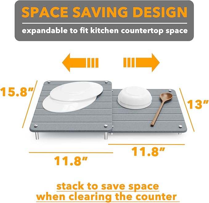 SpaceAid 2 Pack Stone Dish Drying Mats for Kitchen Counter, Expandable Absorbent Rack Dish Pad, Quick Dry Diatomaceous Earth Dishes Mat Tray, Absorbing Sink Stone Mat Board (Gray)