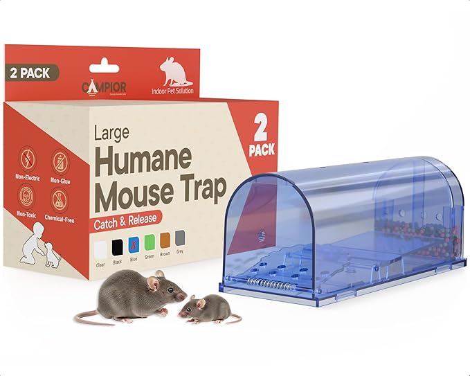 Campior Humane Mouse Trap Pack of 2, Live Mouse Traps Catch and Release for Indoors & Outdoors, Pet & Child Safe, 7.87" Reusable Plastic Mouse Cage with Spring Door, Cleaning Brush Included, Blue