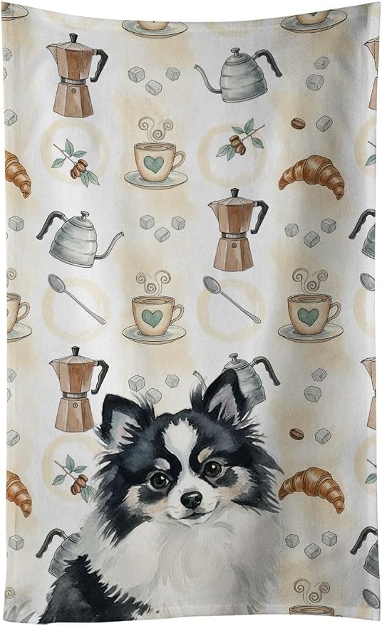 Caroline's Treasures Black and White Pomeranian Coffee Bar Kitchen Towel Velour Plush Front and Cotton Loop Back Machine Washable