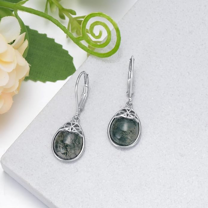 PELOVNY Celtic Knot Filigree Earrings for Women 925 Sterling Silver Moss Agate/Birthstone Infinity Earrings Birthday Christmas Jewelry Gifts for Mom Daughter Wife Sister