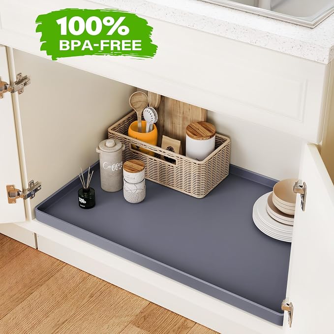 FLATO Waterproof Under Sink Mat 28" x 22" Shelf Liner for Kitchen and Bathroom, Cabinet Protector, Organizers and Storage, Flexible Silicone Drip Tray