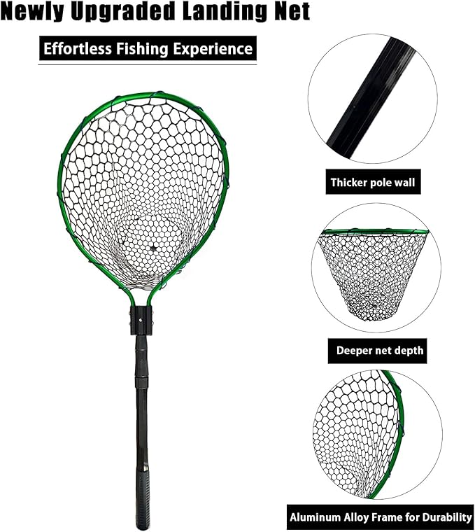 Large Fishing Net with Handle High Strength Landing Net Long Telescoping Rubber Fish Net Extendable Dip Net for Fishing Ideal for River Angling Pier Boat
