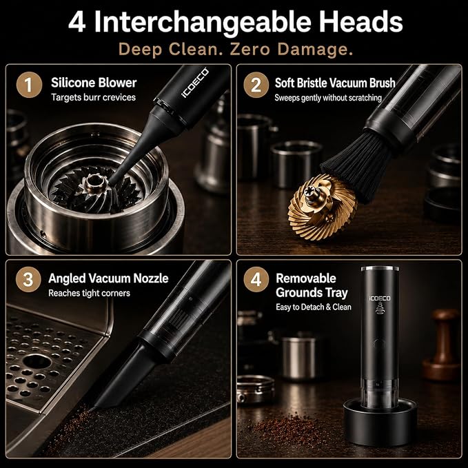 Coffee Grinder Vacuum Cleaner, Rechargeable Mini Vacuum for Coffee Grounds, Espresso Machine & Barista Station Cleaning Tool with 4 Attachments, Portable Desktop Cleaner for Home Baristas