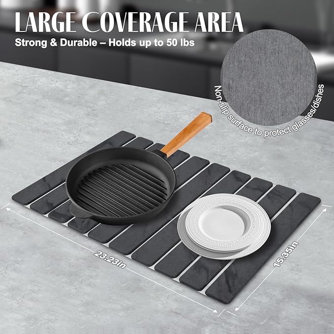 2 PCS Stone Dish Drying Mat for Kitchen Counter, 24"×16" Dark Gray, Fast Drying Collapsible Dish Drying Mat, Eco-Friendly Absorbent Diatomaceous Earth Mats for Match Countertop ( 24"×16" & 8"x4")
