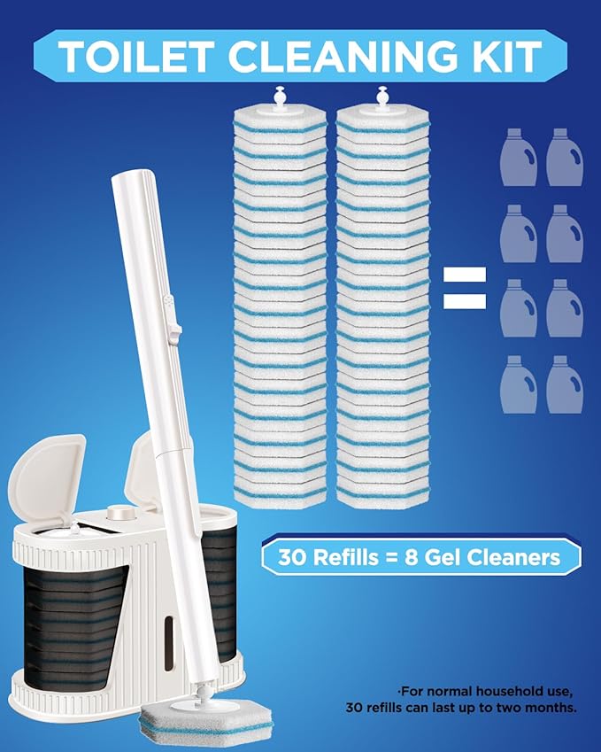 Disposable Toilet Brush with 30PCS Refills, Toilet Bowl Cleaning System for Bathroom and Toilet, Clean Brush Starter Kit with 1 Brush Handle, 1 Auto-Open Storage Box and 30 Brush Refills