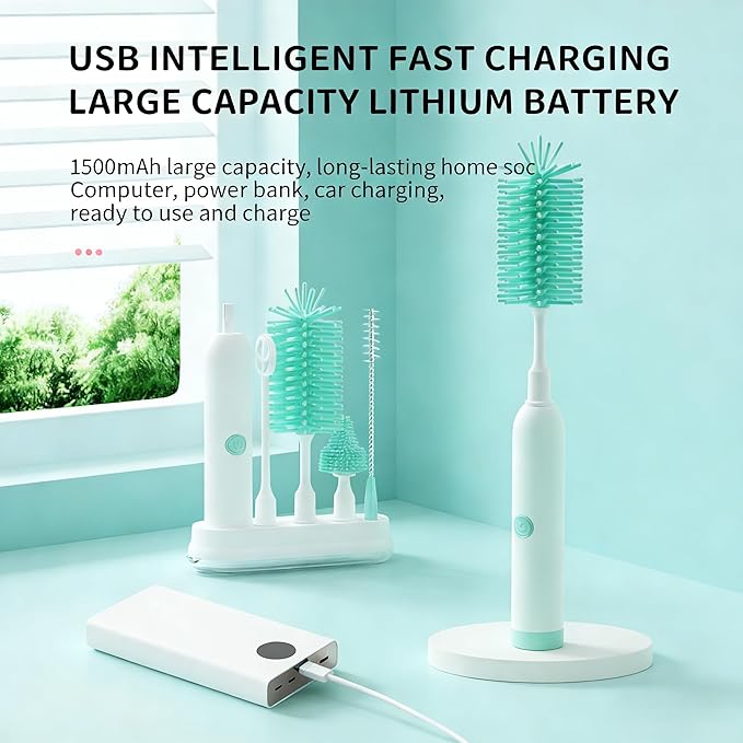 Rechargeable Electric Bottle Brush with Stand - 360° Spin Silicone Cleaner for Baby Bottles, Breast Pumps & Small Household Containers (Light Green)