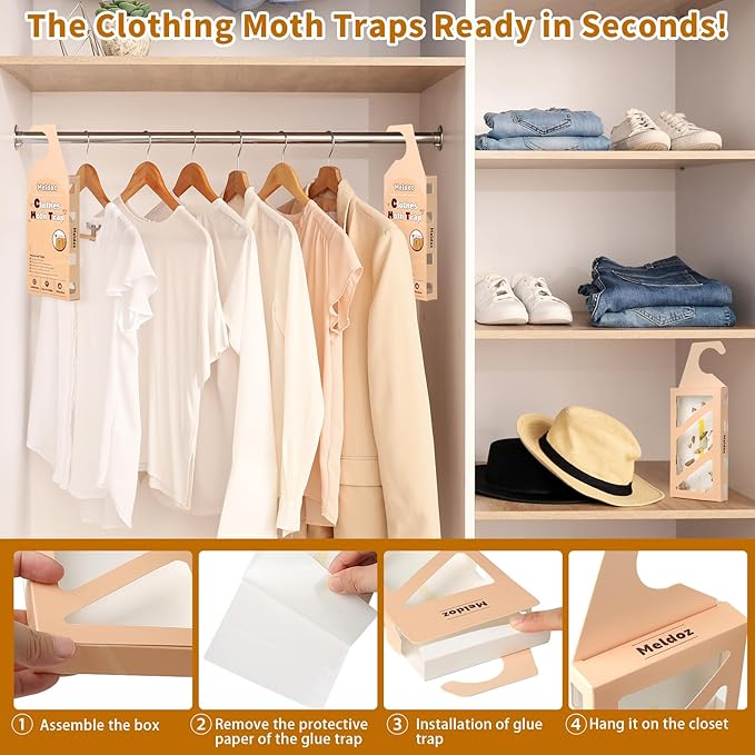 Clothes Moth Traps with Powerful Pheromones, Non-Toxic & Odor-Free Sticky Moth Traps for Clothes & Closets, Refillable 12-Pack