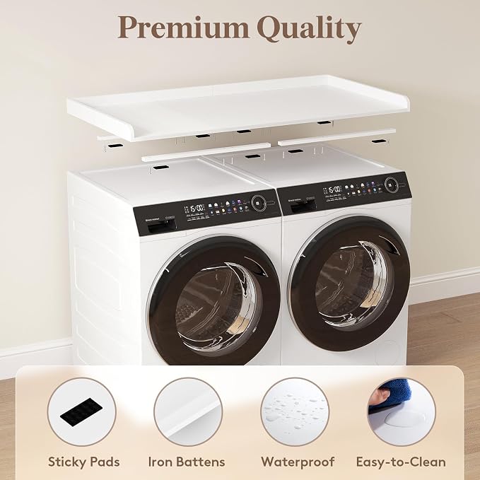 Lifewit Washer Dryer Countertop, Melamine Covers with Edge Rails for The Top, Laundry Room Storage and Organization, Spice Type, Hold 200lbs, White, 54" x 27.5"