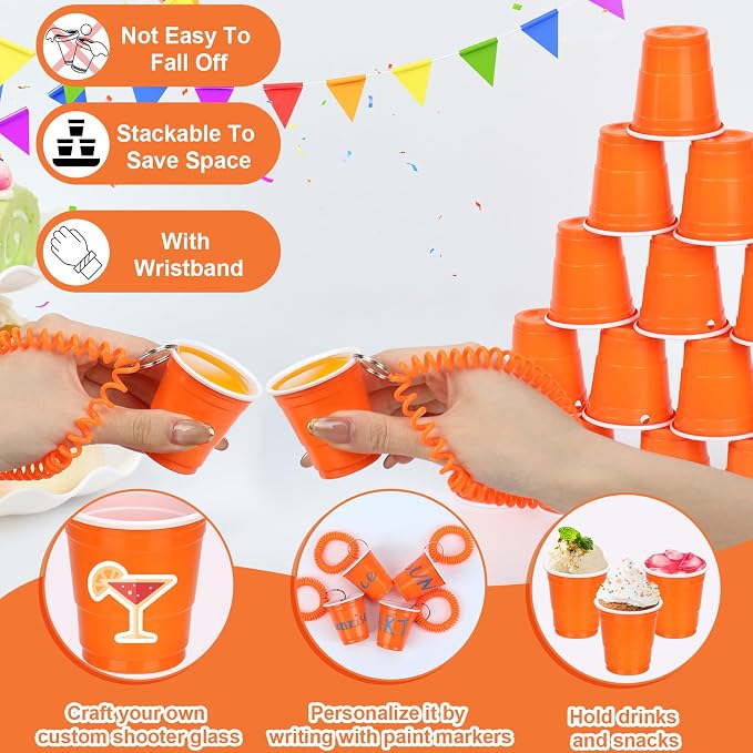 30 Pcs Orange Shot Cups with Wristband for Party 2oz Plastic Shot Glasses Bulk Disposable Mini Shot Glasses with Bracelet Wear On Solo Cups for Party Wedding Birthday Graduation Halloween Thanksgiving