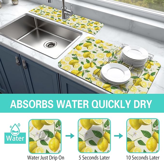 Dish Drying Mat for Kitchen Counter Matt, 2PCS 23"x15" Dish Drainer Mat & 24"x5.5" Sink Splash Guard, Super Absorbent Non-slip Rubber Backed