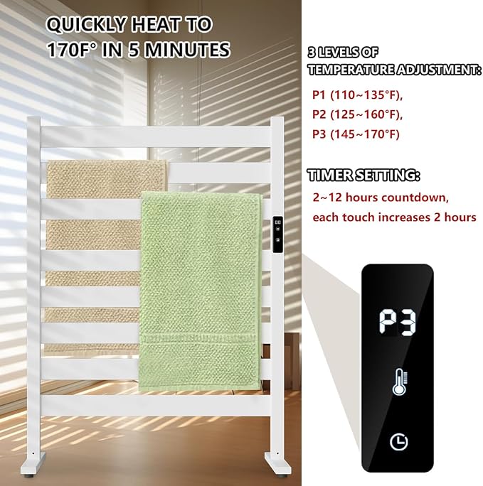 Verida Towel Warmer for Bathroom, Freestanding Heated Towel Rack with Extra-Wide 8-Bar Heating, Built-in Timer & 3-Level Temperature Control, Large White Floor Standing Rack