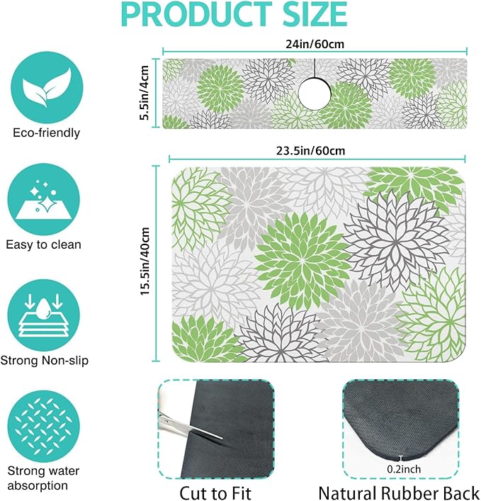 Dish Drying Mat for Kitchen Counter Matt, 2PCS 23"x15" Dish Drainer Mat & 24"x5.5" Sink Splash Guard, Super Absorbent Non-slip Rubber Backed
