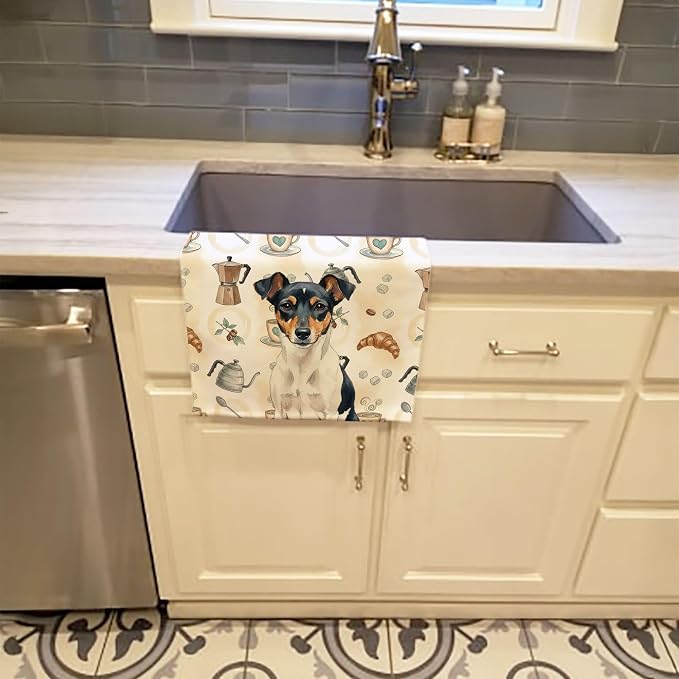 Caroline's Treasures Tricolor Rat Terrier Coffee Bar Kitchen Towel Velour Plush Front and Cotton Loop Back Machine Washable
