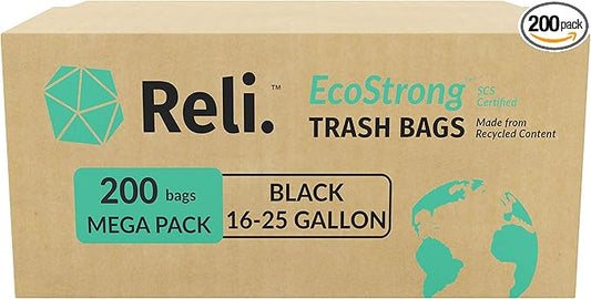 Reli. EcoStrong 16-25 Gallon Trash Bags | 200 Count Bulk | Black | Eco-Friendly | Made from Recycled Material