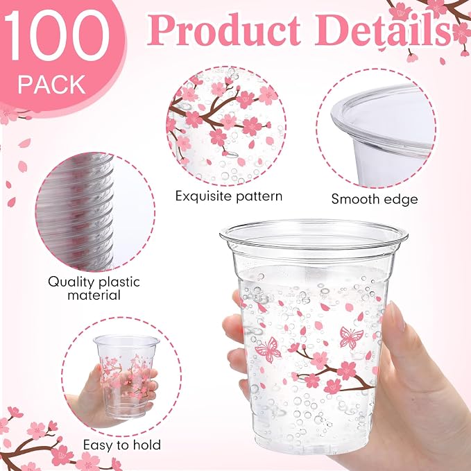 100 Pack Cherry Blossom Plastic Cups 12 oz Pink Cherry Blossom Disposable Clear Plastic Drinking Cups Bulk for Spring Baby Shower Birthday Wedding Holiday Party Decorations Supplies