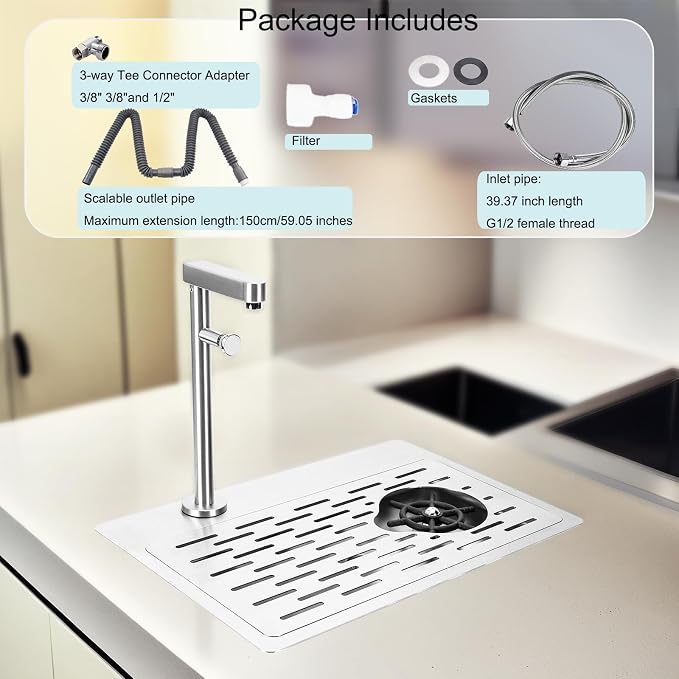DIBTSA Pitcher Rinser, Stainless Steel Countertop Glass Rinser Cup Washer Sink with Side Spray,Drip Tray for Home Cafe Restaurant