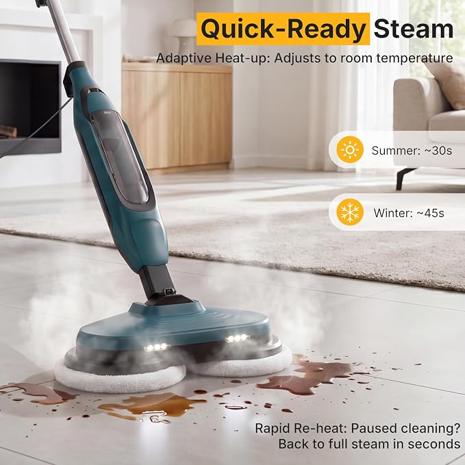 NEWBULIG Steam Mop, All-in-One Steam Mops for Floor Cleaning with Rapid Re-heat, Self-Standing Floor Steamer, 4 Rotating Scrub Pads, 2 LED Headlights, for Hardwood Floors & Tile