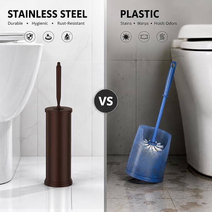 Stainless Steel Toilet Brush and Holder Set : Weighted Stable Base, Removable Inner Tube.Long Handle Toilet Bowl Brush Splash-Proof Design for Deep Cleaning & Space-Saving Storage,Bronze