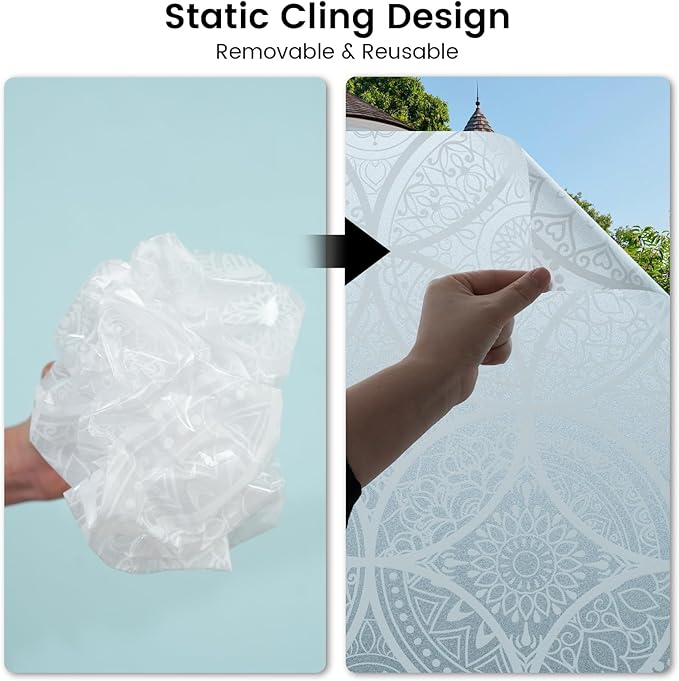 DKTIE Bohemian Decor Stained Glass Window Film with Installation Tools, Two-Way Window Privacy Film, Reduce Glare, Pure White, 17.7 x 78.7 Inch