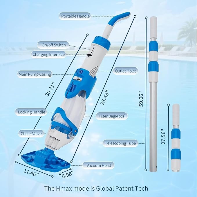 GarveeLife Rechargeable Wireless Pool Suction Cleaner - Dual-Speed, 19.8GPM Suction, Telescopic Pole, Dual-Filter System - Ideal for Above Ground & In-Ground Pools, Spas, Hot Tubs - Efficient Debris | Cordless