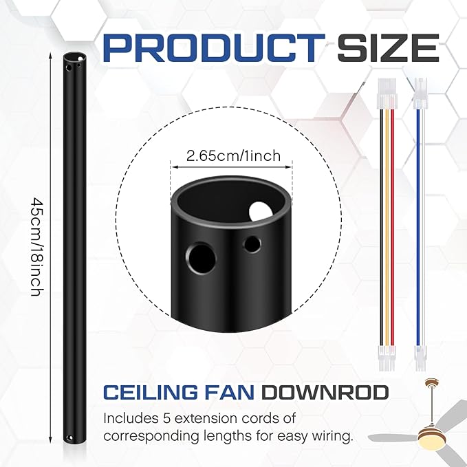 VIHOSE 18 Inch Ceiling Fan Downrod with Extension Cord 1.5 ft Black Downrod for Ceiling Fan 1 Inch Outside Diameter Not Threaded Suitable for a Wide Range of Fans