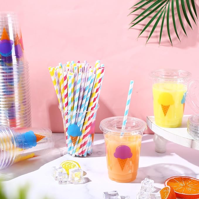 Blushtier 300 Pcs Ice Cream Disposable Plastic Cups with Lids and Straws 12oz Ice Cream Party Favors Clear Cold Drinking Cups Birthday Drinkware Set for Party Supplies