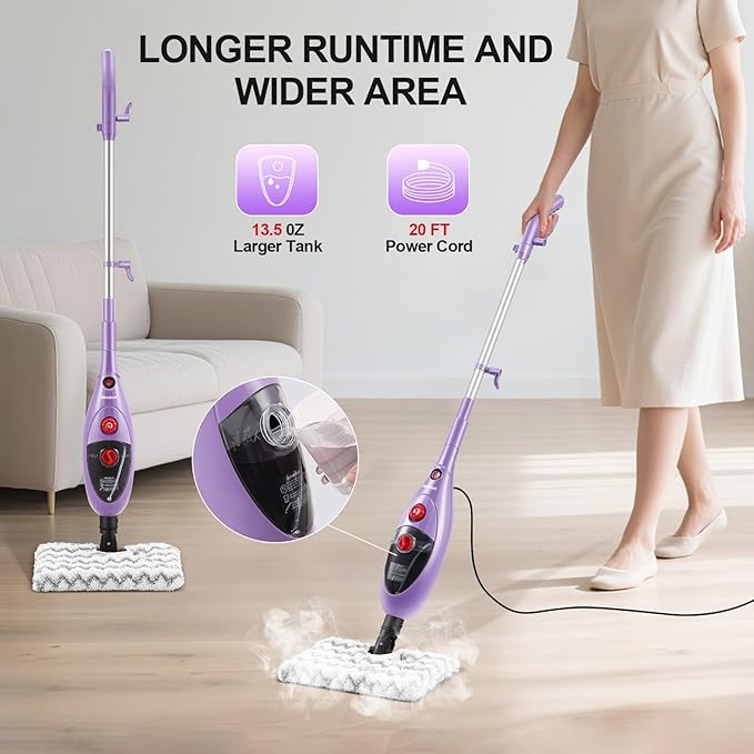 Steam Mop Cleaner with Detachable Handheld Steamer, 13.5 oz Tank, 20FT Cord, Fast Heat-Up, 10-in-1 Multi-Surface Cleaning for Floors, Tiles & Grout