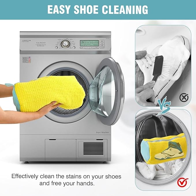 2 Pcs Shoe Washing Machine Bags with 4 Adjustable Shoe Trees, XXL Laundry Bags for Washer and Dryer, Sturdy Zipper with Hook Design, Reusable Cleaning Bag for Sneaker, Tennis (Yellow)