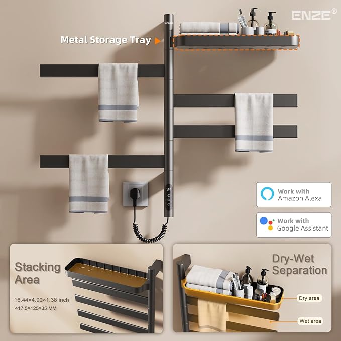 ENZE Smart Rotating Heated Towel Rack for Bathroom, 4-Bar Wall-Mounted Electric Towel Warmer with Swivel Shelf, Wi-Fi App Control, 24H Timer, Stainless Steel, IPX5, Hardwired/Plug-in, Gray