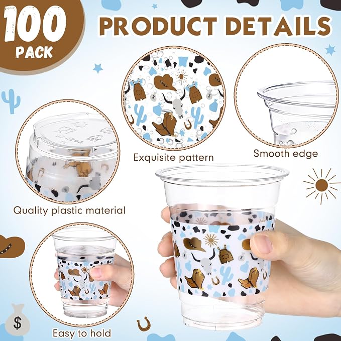 Jingmore 100 Pcs Western Plastic Cups 12 oz Clear Disposable Plastic Cowboy Cowgirl Drinking Cups Bulk for Boho Preppy Baby Shower Birthday Wild West Party Decoration Supplies(Cowboy,Brown and Blue)