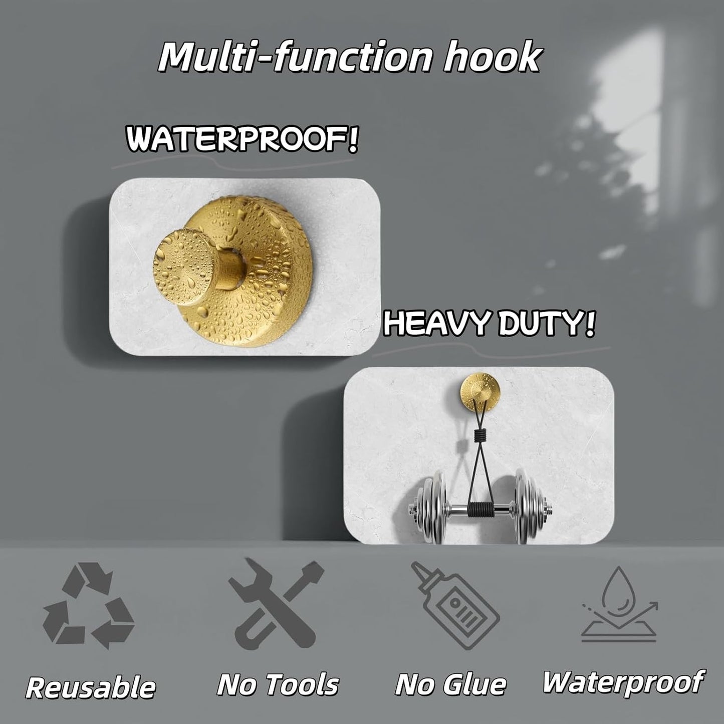 2025 Upgraded Stainless Steel Heavy Duty Suction Cup Hooks for Shower Bathroom Accessories Removable Hook for Glass Window Door Wall Hooks for Hanging Towels Robes Wreaths (Pack of 5, Gold)