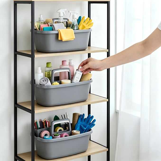 Cleaning Supplies Caddy 3 Pack: Heavy Duty Large Shower Basket with Handle | Portable Plastic Tool Storage Tote Organizer for Bathroom Kitchen Dorm Garden Home, Gray