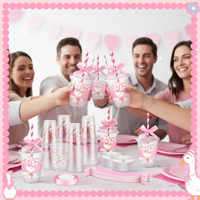 Jingmore 60 Sets Plastic Cups Bulk 12 oz Plastic Disposable Cups with Lids Sleeves and Straws Smoothie Clear Drink Disposable Party Favor Holiday Birthday Wedding Party Supplies(Silly Goose)