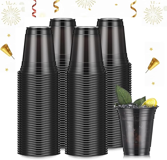 LemonRoad 100 Pack 12oz Black Clear Plastic Cups, Party Disposable Drinking Cups Bulk for Parties Picnics Cold Beverages, Smoothies, Events Celebrations Meeting Wedding Holiday Party