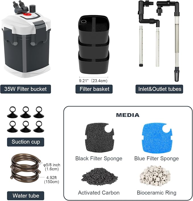 fishkeeper 528GPH Canister Filter, 3-Stage Filtration Aquarium Filter with Quartz Balls and Filter Cotton, Ultra-Quiet External Aquarium Canister Filter for Freshwater and Saltwater up to 150Gal