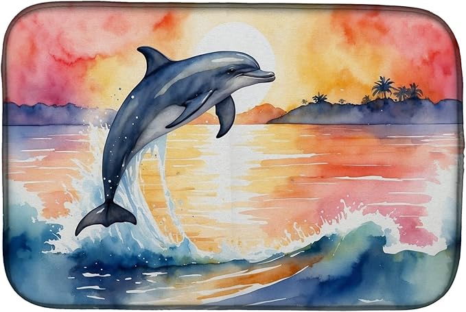 Caroline's Treasures Dolphin Leaping at Sunrise Dish Drying Mat Absorbent Dish Drying Mat Pad for Kitchen Counter Dish Drainer Mat for Countertop, 14 x 21", Multicolor