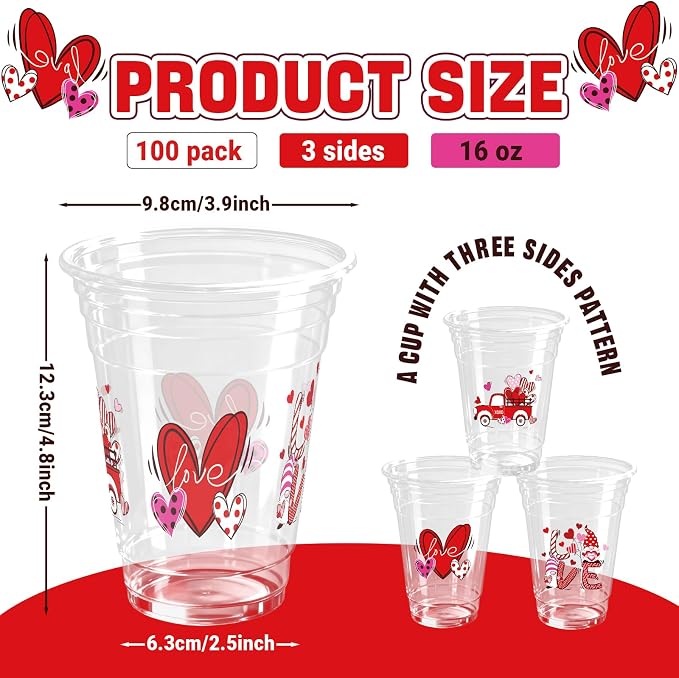 100PCS Valentine's Day Plastic Cups, 16 Oz Disposable Love-Themed Party Cups with Heart, Truck & Gnome Designs, Clear Plastic Cups for Anniversary, Romantic Parties