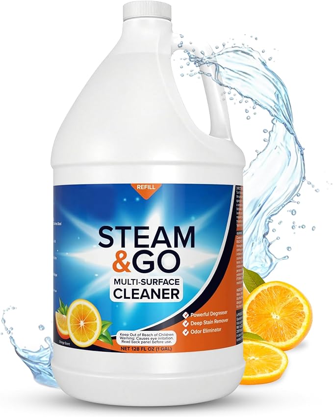 Steam & Go Multi-Purpose Cleaner Spray Refill with Oxy Power for Multi-Surfaces - Removes Stains, Eliminates Odors, & Degreases - Orange Scent, 1 gal