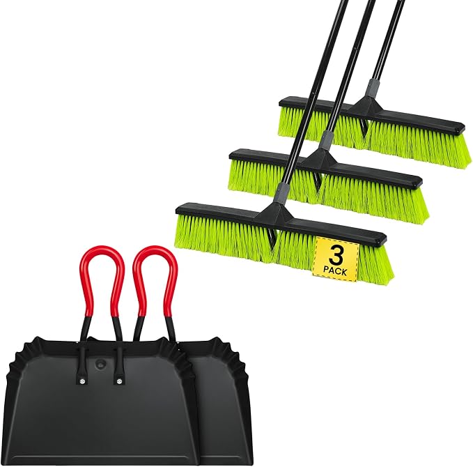 KalTell 2PK 17” Heavy Metal Dustpan and 3PK 24” Push Broom