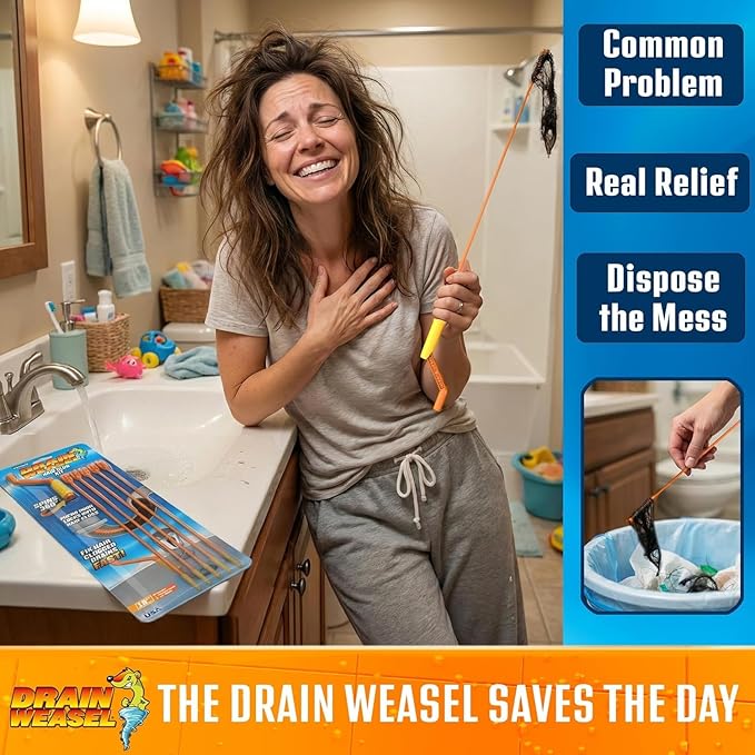 FlexiSnake Drain Weasel Sink Snake Hair Clog Remover Tool Kit, Sink, Pipe, Bathroom, Bathtub Drain Cleaner, 18-inch Long, Flexible, Made in The USA, 3 Pack Wand Refills and Removable Handle