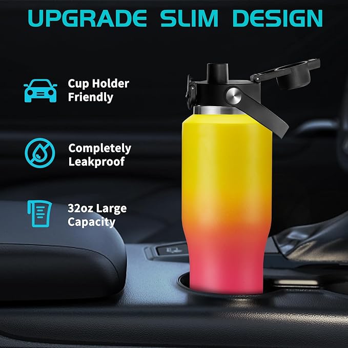 32oz Stainless Steel Water-Bottle with Straw -Keeps Cold 48h & Hot 24h, Insulated Water Bottles w/Strap Carrier Pouch & Boot, Travel Cup Fits in Car Cup Holder
